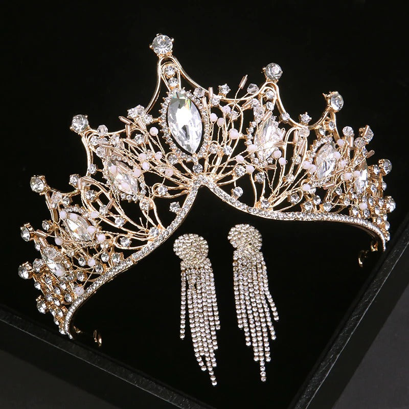 Strassbesetztes Brautmode-Krone mit Quasten-Ohrring-Schmuckset