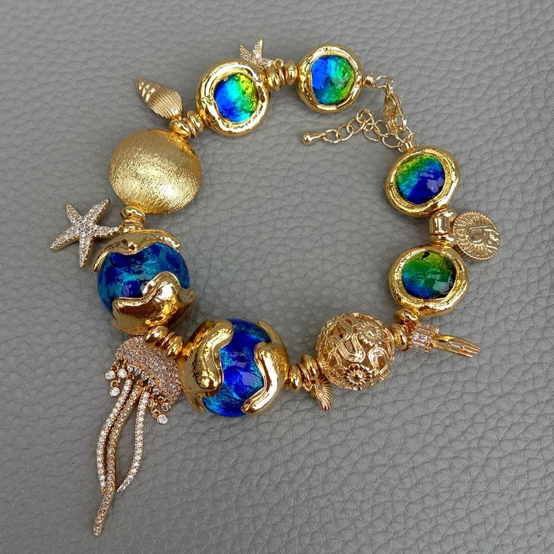 Blaues Muranoglas vergoldetes Quallenarmband