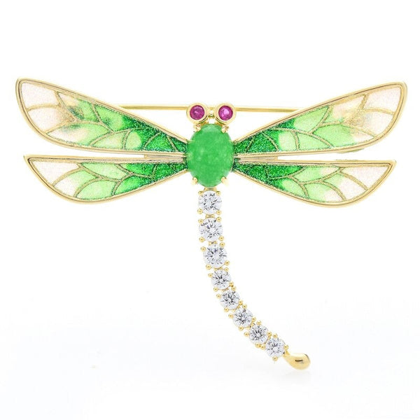 Schimmernde Zirkonia-Brosche mit Libellen-Emaille