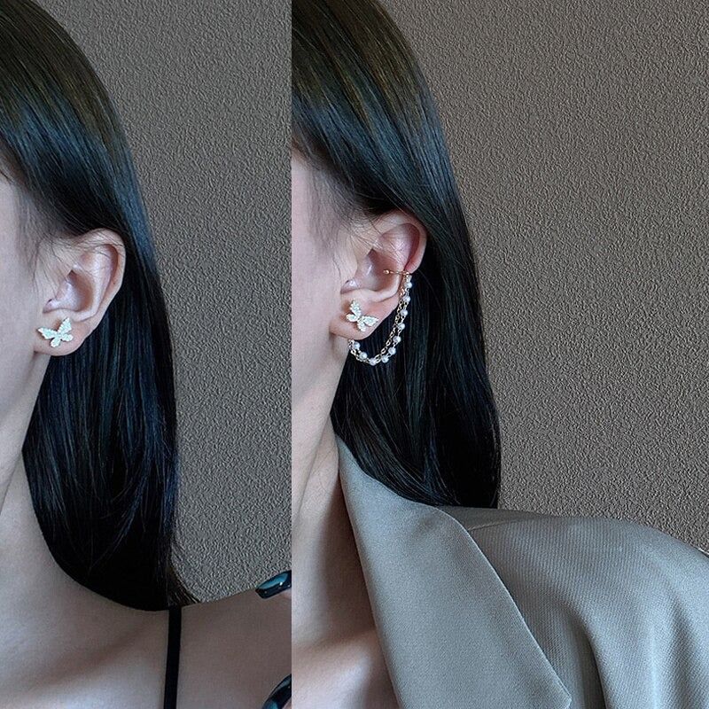 Glänzende, mit Strasssteinen besetzte, lange Quastenohrringe mit Knorpelmanschette