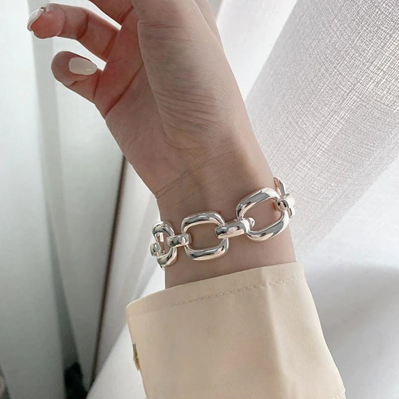 Versilberte, hohle, dicke Statement-Armbänder aus Kette