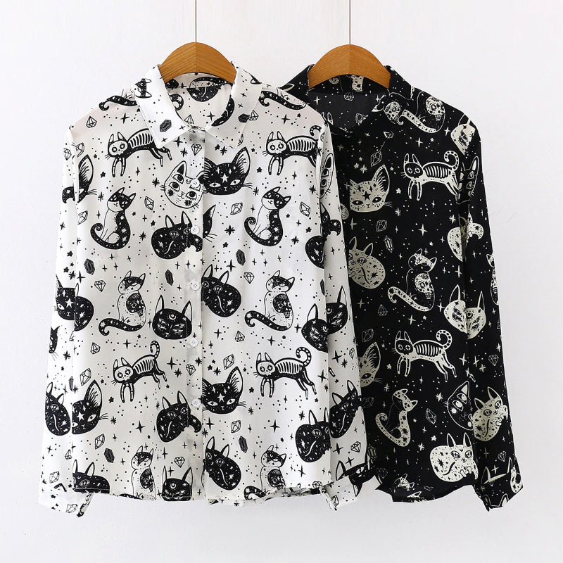Weiche und lockere Langarmblusen mit Cartoon-Katzen-Print