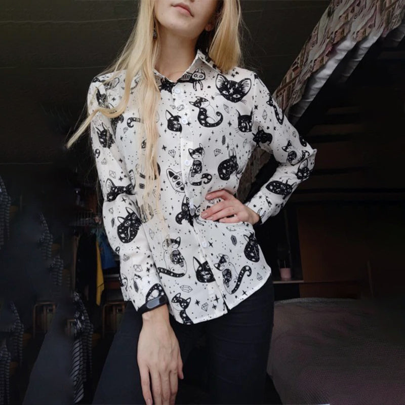 Weiche und lockere Langarmblusen mit Cartoon-Katzen-Print