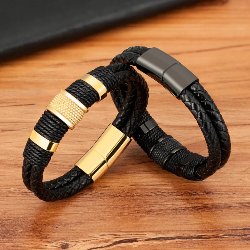 Doppellagige geflochtene Wickelarmbänder aus veganem Leder aus Edelstahl