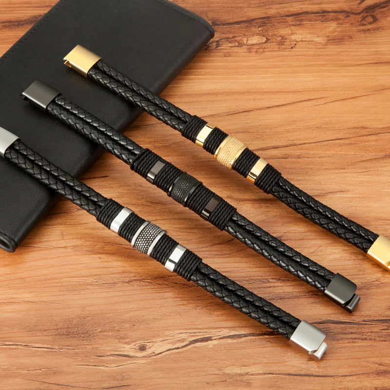 Doppellagige geflochtene Wickelarmbänder aus veganem Leder aus Edelstahl