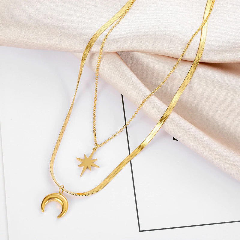 Modische Halsketten aus Edelstahl mit Halbmond- und Sternanhängern im gehobenen Stil