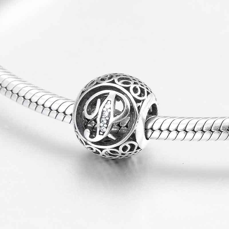 Charm-Anhänger aus 925er Sterlingsilber mit Hohlperlen, Buchstabe A–Z