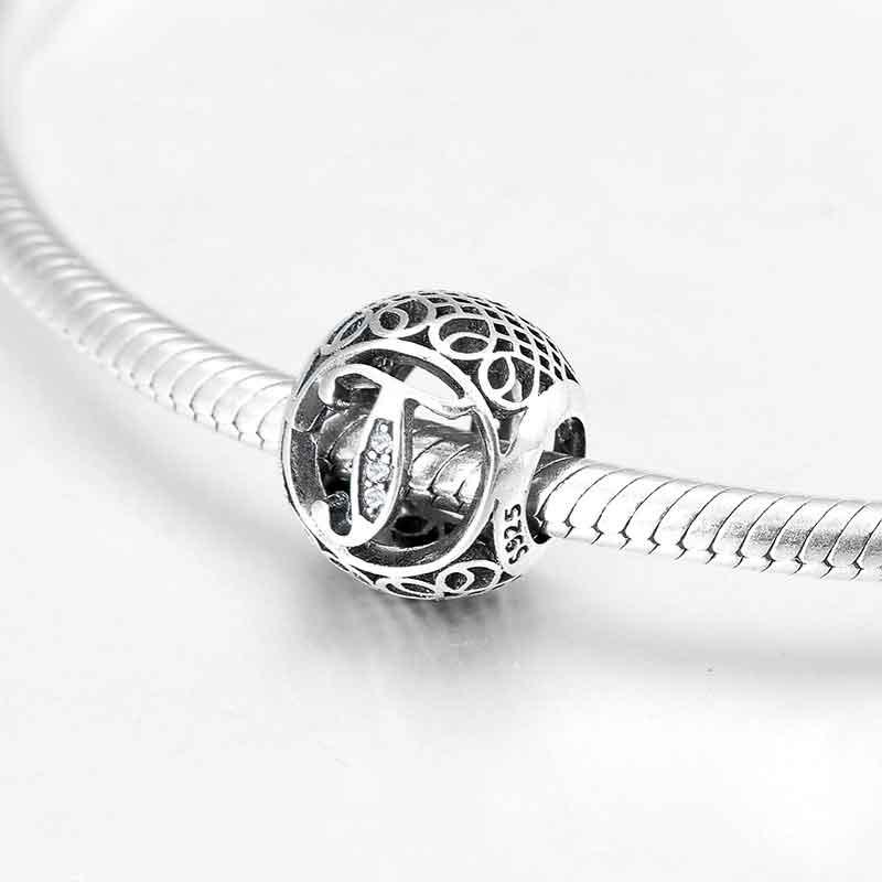 Charm-Anhänger aus 925er Sterlingsilber mit Hohlperlen, Buchstabe A–Z