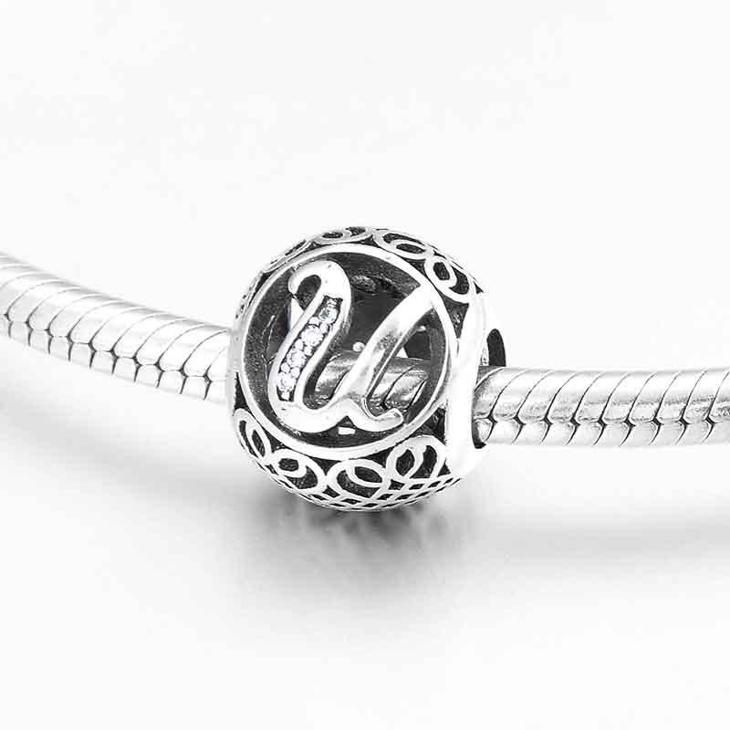 Charm-Anhänger aus 925er Sterlingsilber mit Hohlperlen, Buchstabe A–Z