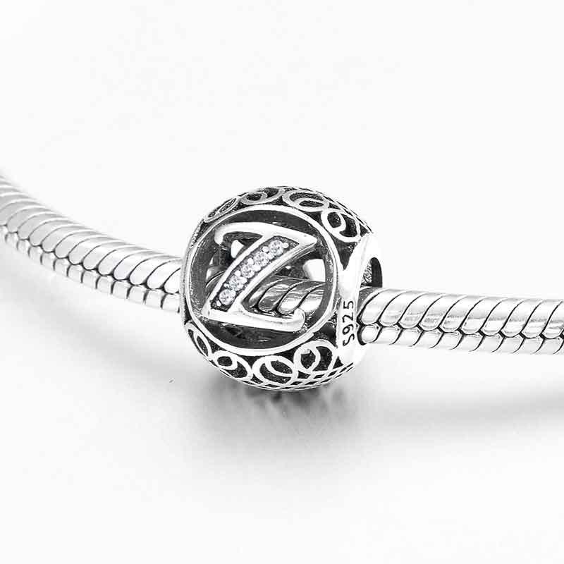 Charm-Anhänger aus 925er Sterlingsilber mit Hohlperlen, Buchstabe A–Z
