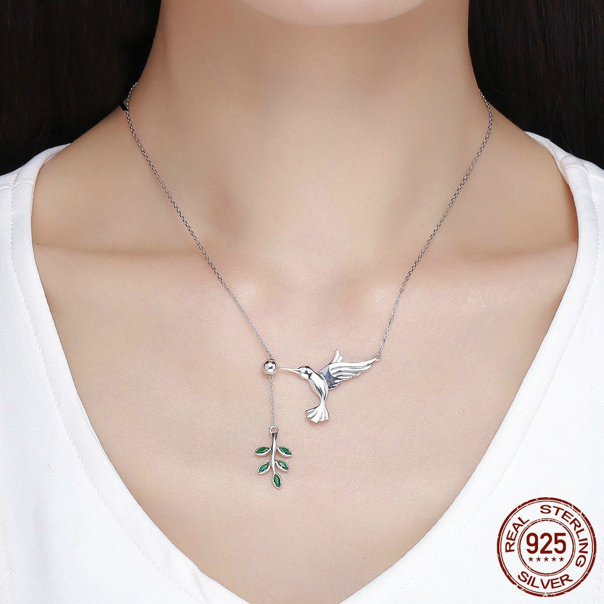 Halskette aus Sterlingsilber mit Kolibri-Grußbaumblättern