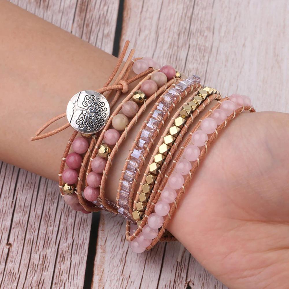 Atemberaubendes mehrschichtiges Armband mit Rosenquarz-Strass