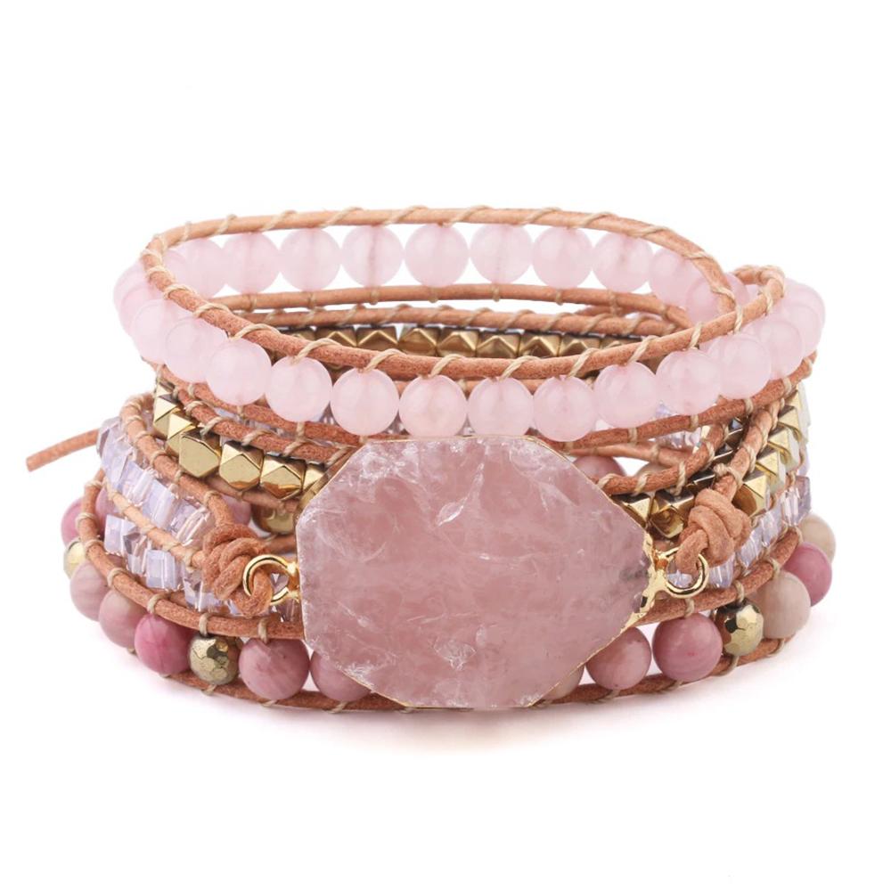 Atemberaubendes mehrschichtiges Armband mit Rosenquarz-Strass