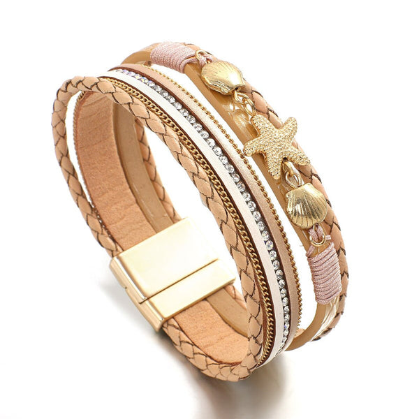 Sommermodische Wickelarmbänder aus veganem Leder mit Seestern- und Muschelanhänger