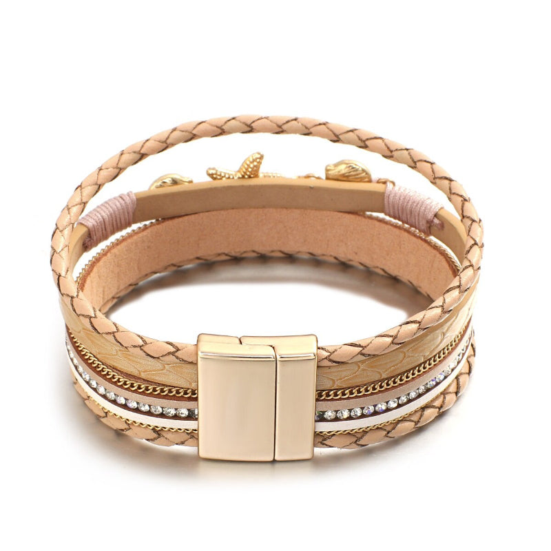 Sommermodische Wickelarmbänder aus veganem Leder mit Seestern- und Muschelanhänger