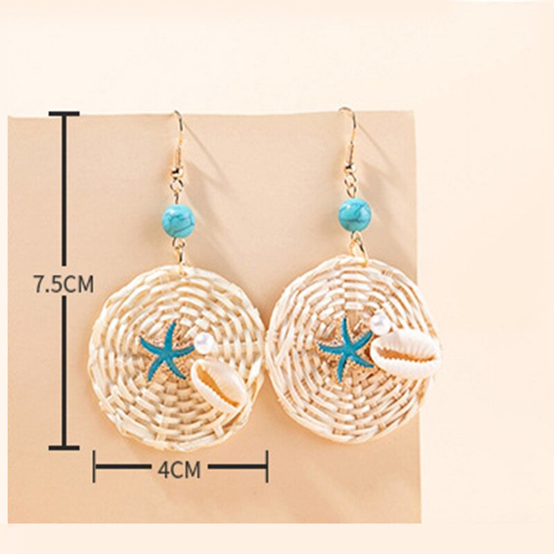 Sommermode Seestern und Muschel Natur Rattan Strick Ohrringe