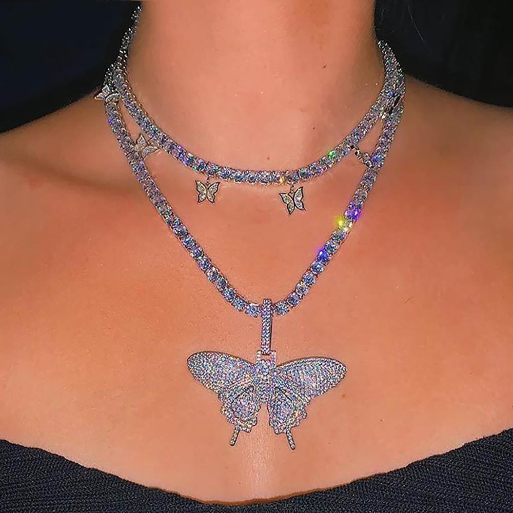 Tennisketten-Halskette mit Strass- und Schmetterlingsanhängern
