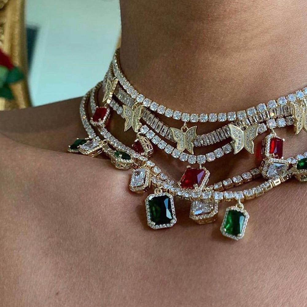 Tennisketten-Halskette mit Strass- und Schmetterlingsanhängern