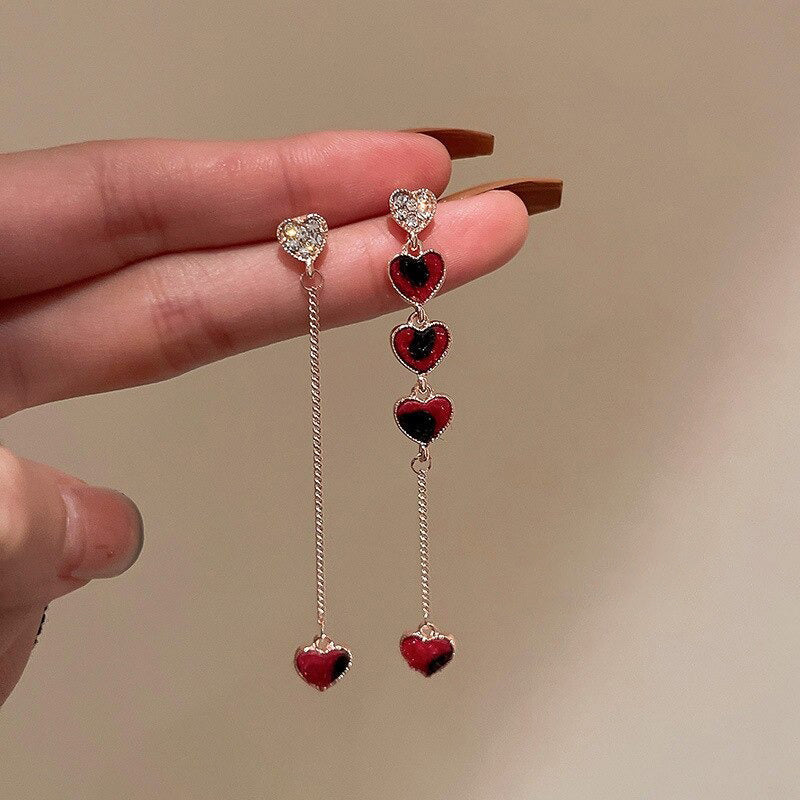 Trendy asymmetrische Strass Liebe Herz lange Kette baumeln Ohrringe
