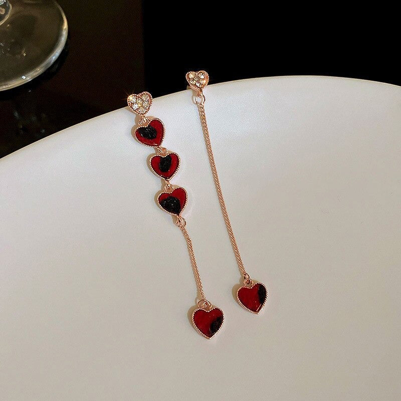 Trendy asymmetrische Strass Liebe Herz lange Kette baumeln Ohrringe