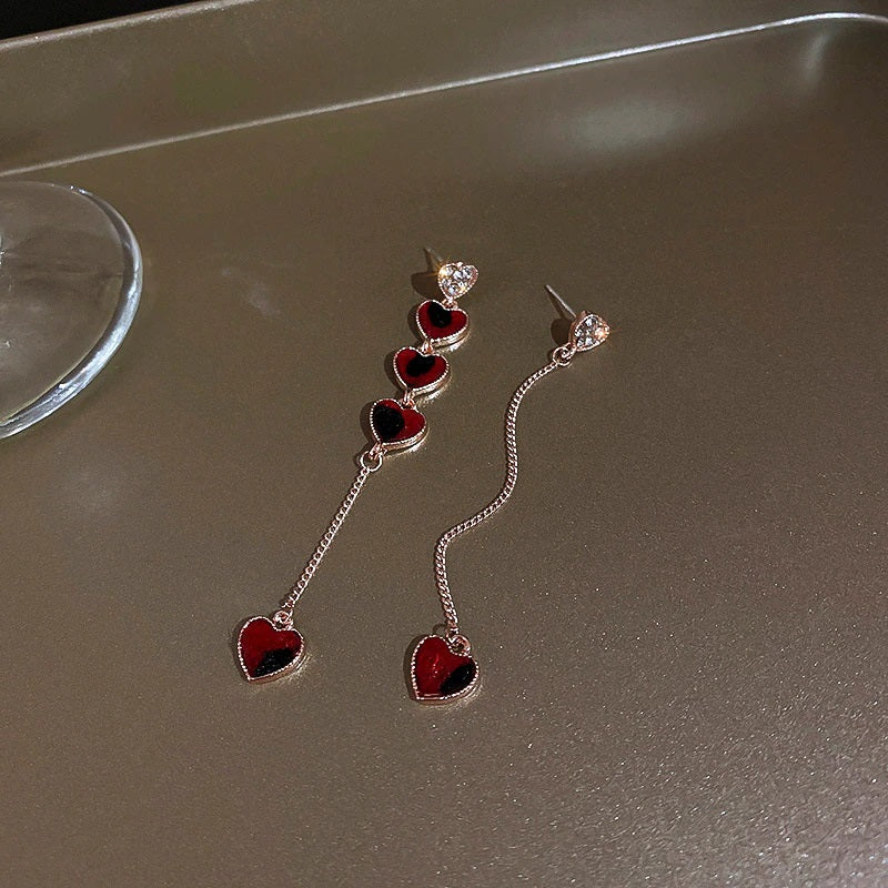 Trendy asymmetrische Strass Liebe Herz lange Kette baumeln Ohrringe