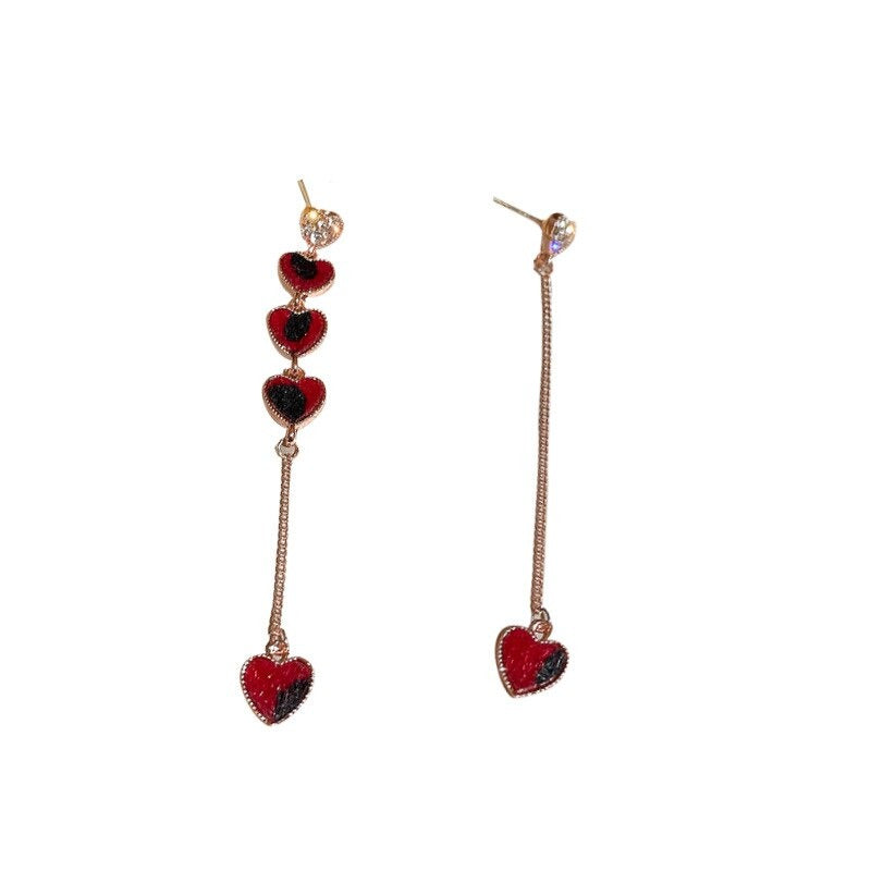 Trendy asymmetrische Strass Liebe Herz lange Kette baumeln Ohrringe
