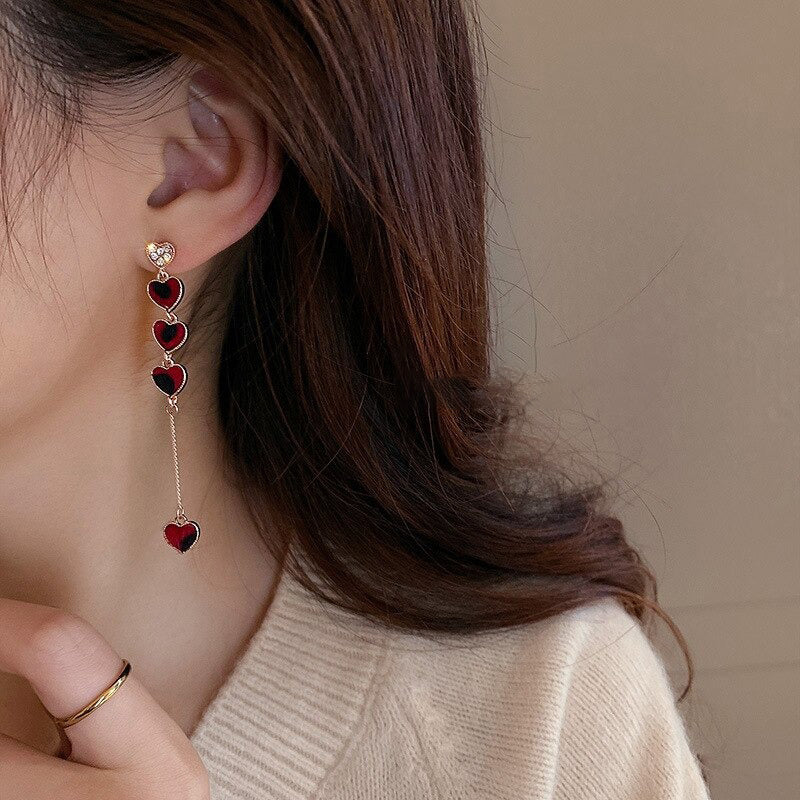 Trendy asymmetrische Strass Liebe Herz lange Kette baumeln Ohrringe