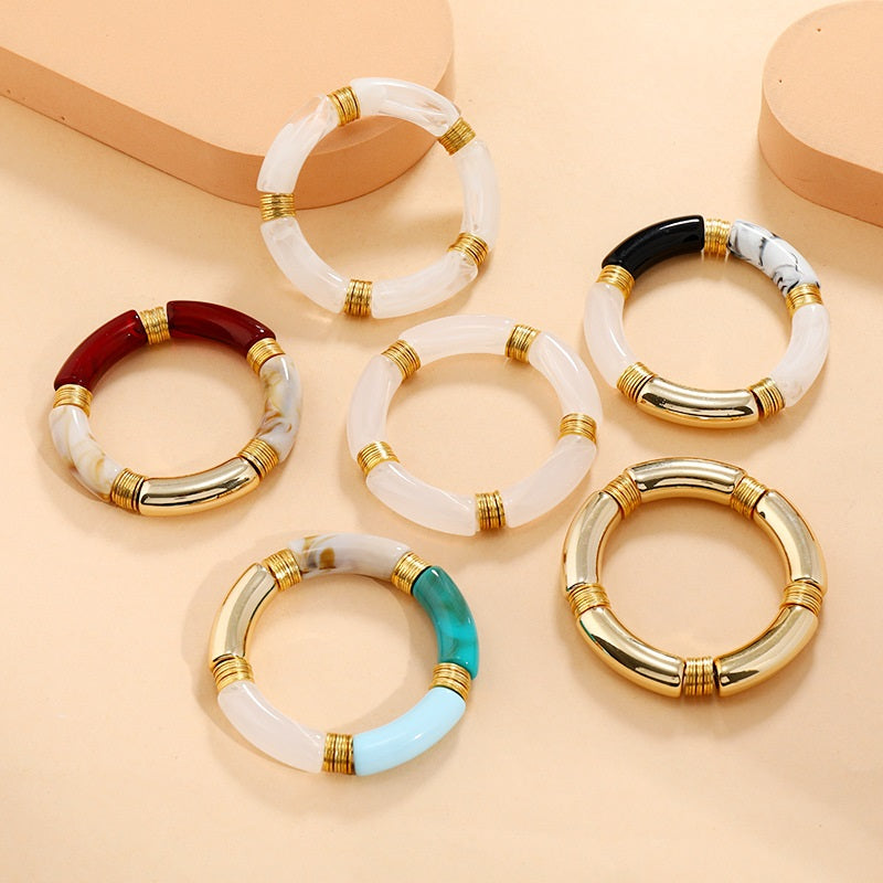 Trendy Boho gemischte Farbe Acryl gebogene Röhre elastische Armreif Armbänder