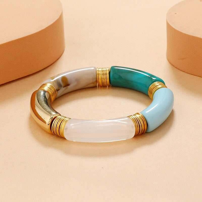 Trendy Boho gemischte Farbe Acryl gebogene Röhre elastische Armreif Armbänder