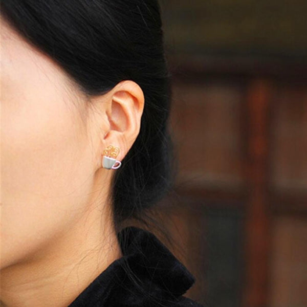 Einzigartige dampfend heiße Kaffee-Ohrringe aus Sterlingsilber