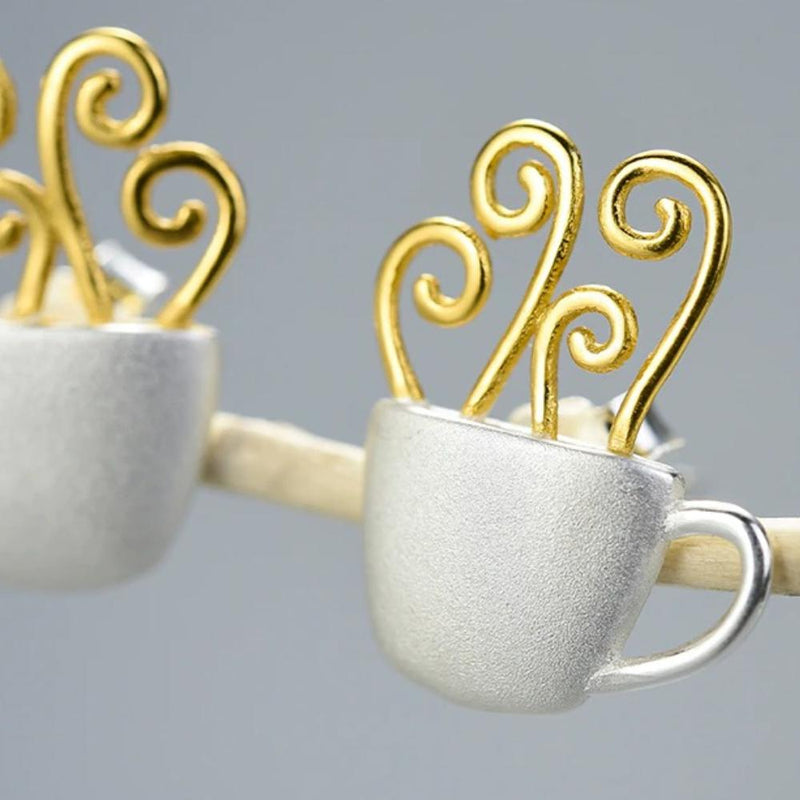 Einzigartige dampfend heiße Kaffee-Ohrringe aus Sterlingsilber
