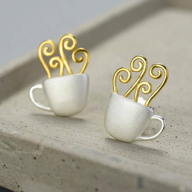 Einzigartige dampfend heiße Kaffee-Ohrringe aus Sterlingsilber