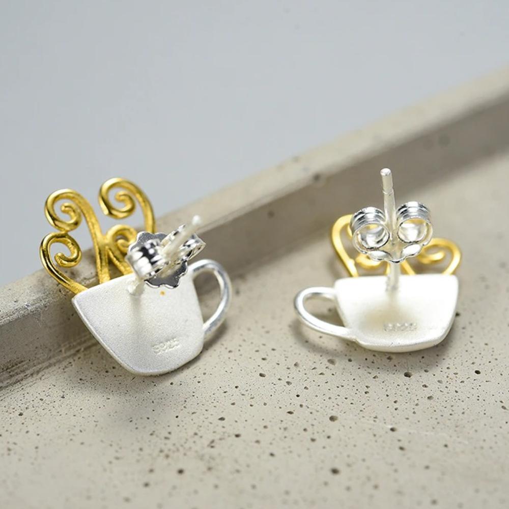 Einzigartige dampfend heiße Kaffee-Ohrringe aus Sterlingsilber