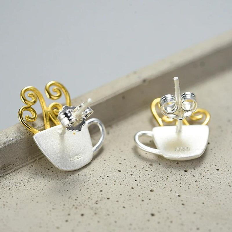 Einzigartige dampfend heiße Kaffee-Ohrringe aus Sterlingsilber