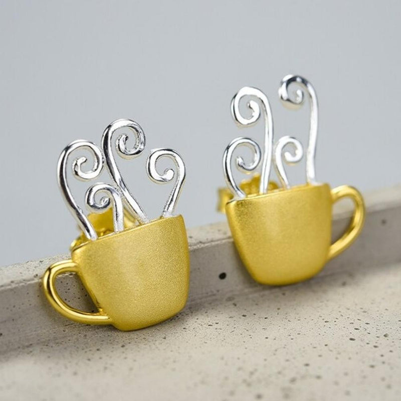 Einzigartige dampfend heiße Kaffee-Ohrringe aus Sterlingsilber