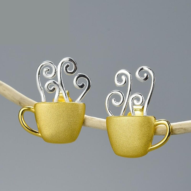 Einzigartige dampfend heiße Kaffee-Ohrringe aus Sterlingsilber