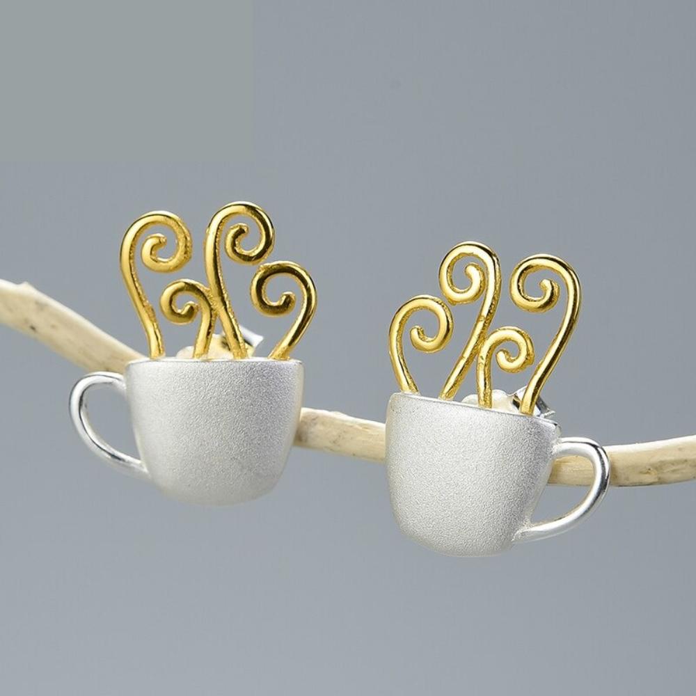 Einzigartige dampfend heiße Kaffee-Ohrringe aus Sterlingsilber