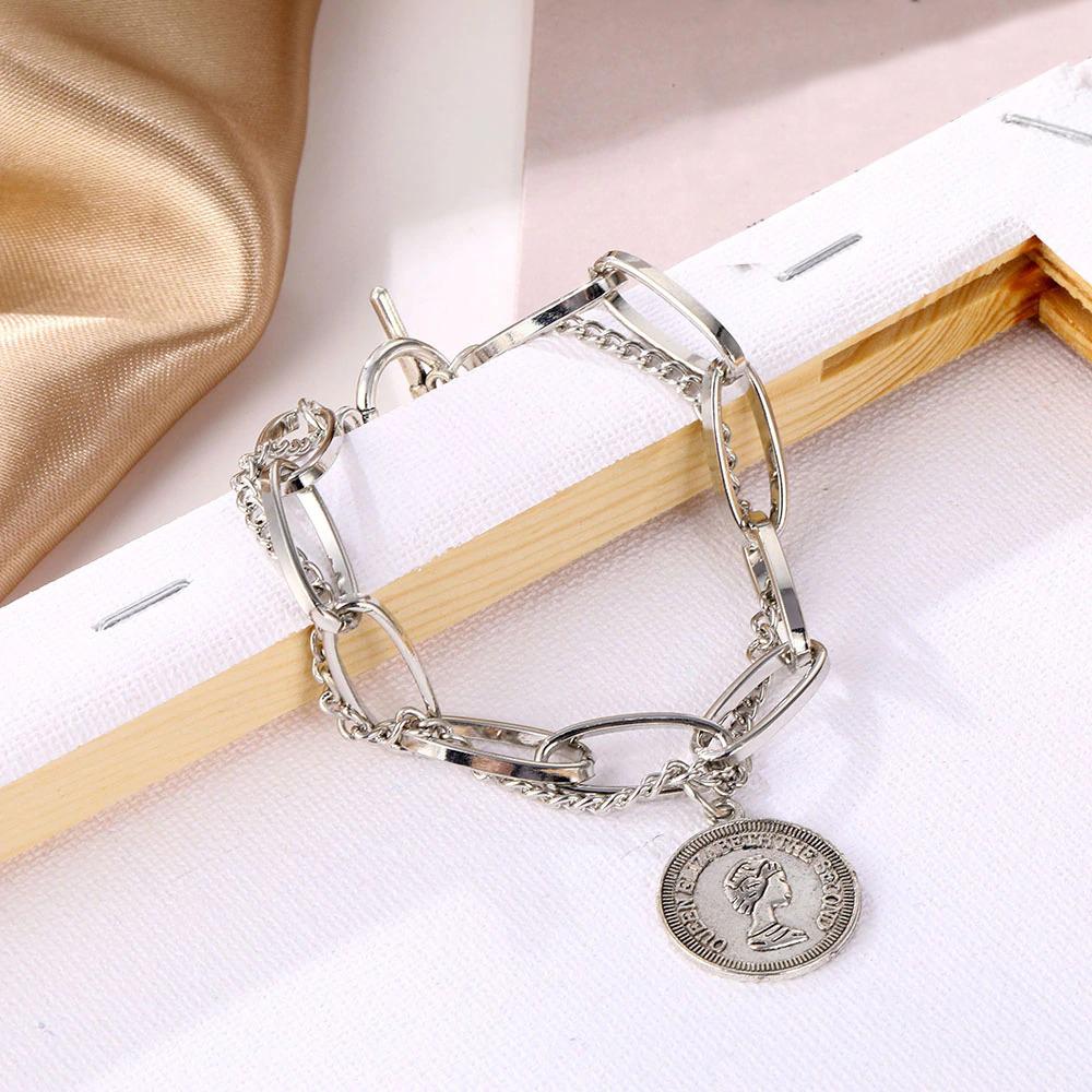Vintage-Armband mit dicker Kette und Münzkopf-Charm
