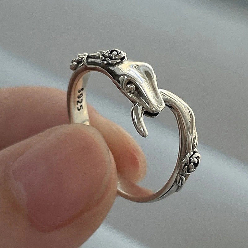 Versilberte Vintage-Ringe mit Rosenblüten- und Schlangenmotiv, verstellbar