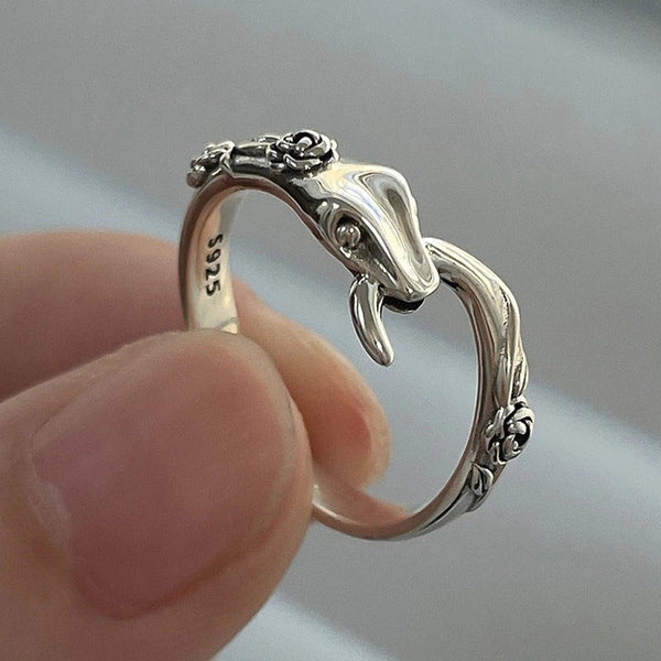 Versilberte Vintage-Ringe mit Rosenblüten- und Schlangenmotiv, verstellbar
