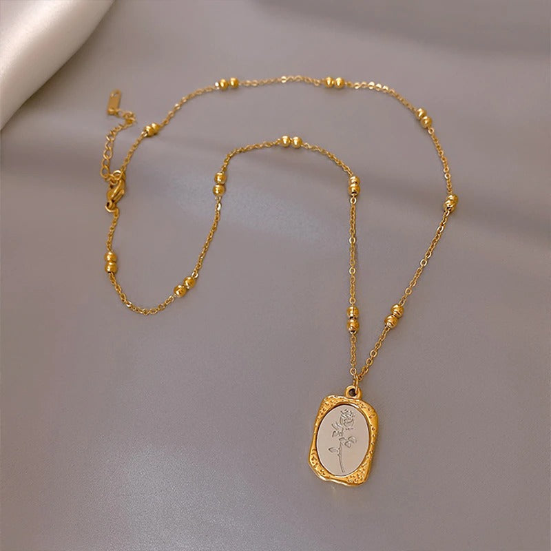 Halsketten aus Edelstahl mit Glasspiegel und Rosenblüten-Anhänger im Vintage-Stil