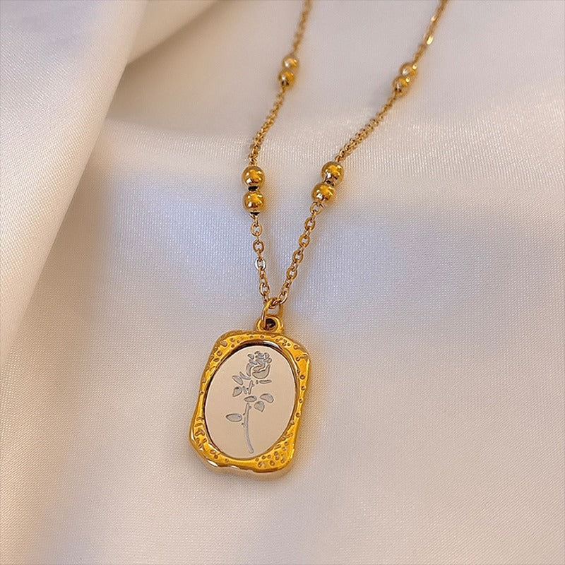 Halsketten aus Edelstahl mit Glasspiegel und Rosenblüten-Anhänger im Vintage-Stil