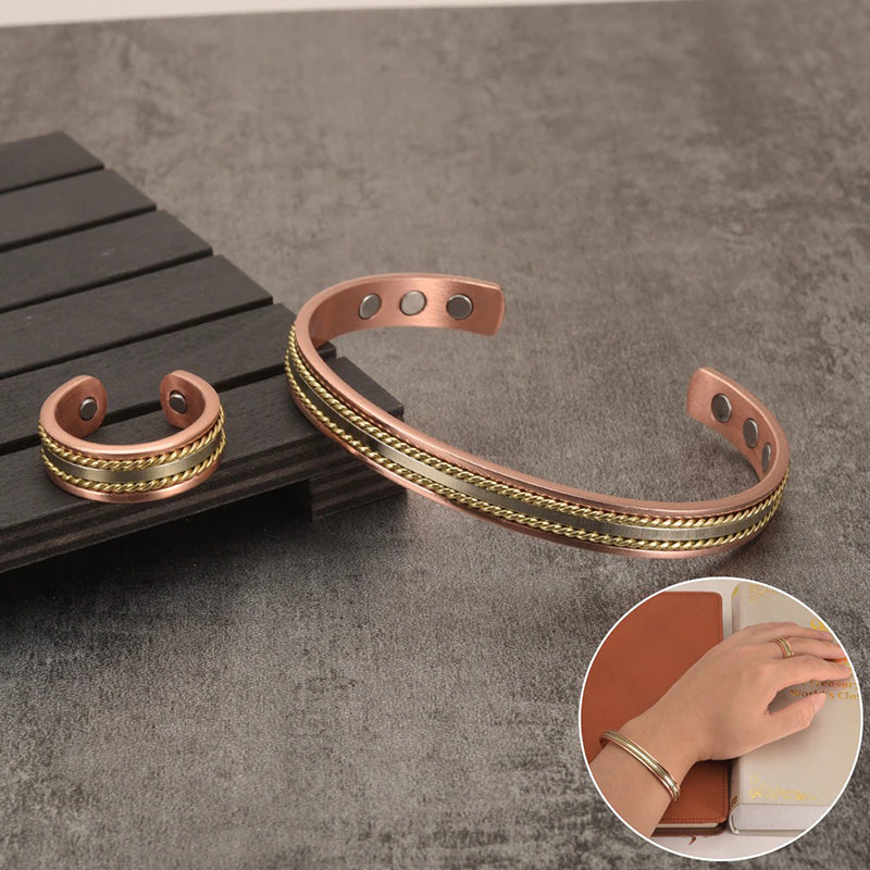 Verstellbares Set aus magnetischen Manschettenarmbändern und Ringen im Vintage-Stil im gedrehten Stil