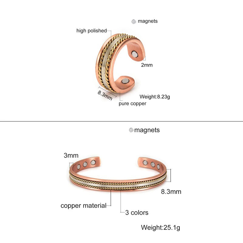 Verstellbares Set aus magnetischen Manschettenarmbändern und Ringen im Vintage-Stil im gedrehten Stil