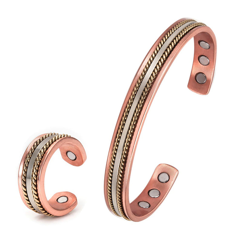 Verstellbares Set aus magnetischen Manschettenarmbändern und Ringen im Vintage-Stil im gedrehten Stil