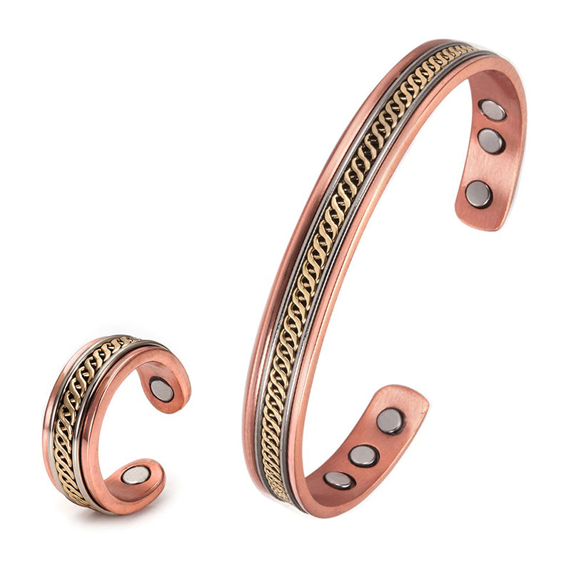 Verstellbares Set aus magnetischen Manschettenarmbändern und Ringen im Vintage-Stil im gedrehten Stil