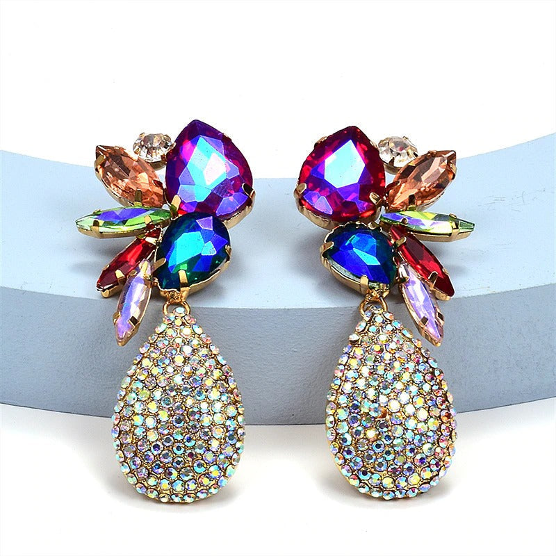 Bunte, baumelnde Ohrringe mit Wassertropfen-Strass für Damen