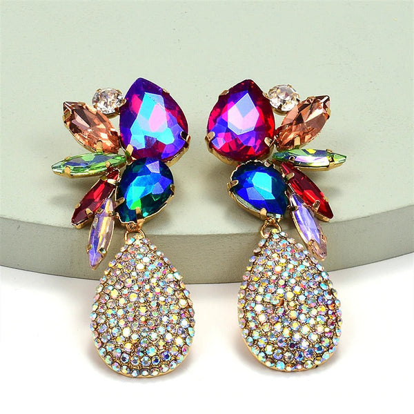 Bunte, baumelnde Ohrringe mit Wassertropfen-Strass für Damen