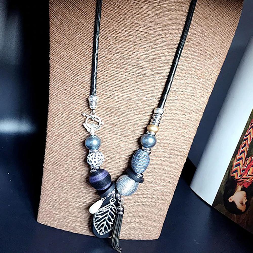 Holzperlen Blatt Anhänger mit Quaste Halskette