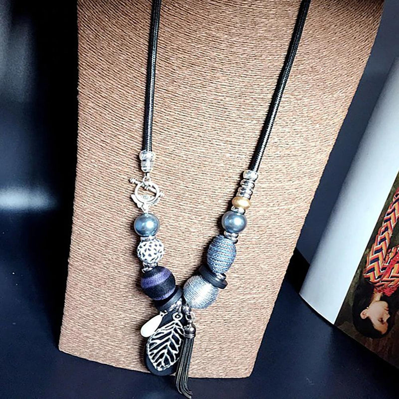 Holzperlen Blatt Anhänger mit Quaste Halskette